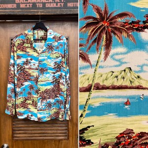 Vintage 1950’s Island Tropical Scene Tiki Long Sleeve Crepe Hawaiian Shirt, Loop Collar, 50’s Vintage Clothing