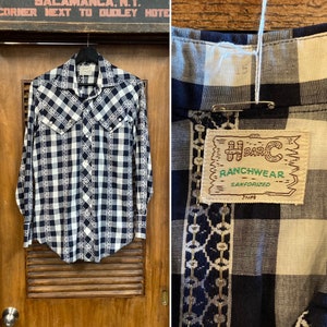 Vintage 1950’s “H Bar C” Western Cowboy Black x White Pearl Snap Rockabilly Shirt, Great Details, 50’s Vintage Clothing