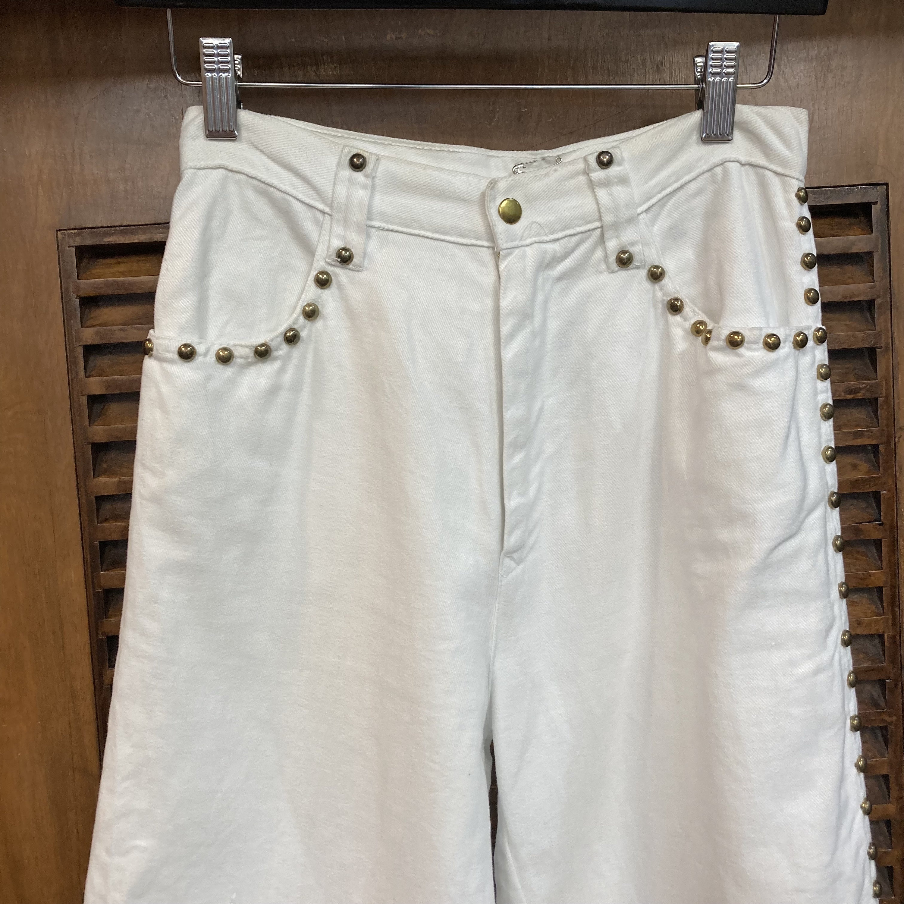 Vintage 1960's W26 White Studded Cotton Denim Glam Mod Disco