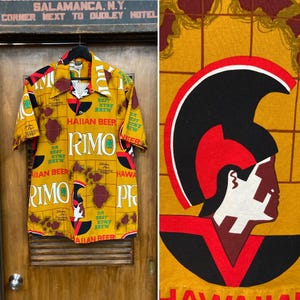 Vintage 1960’s Primo Beer Pop Art Cotton Loop Collar Tiki Hawaiian Shirt, 60’s Vintage Clothing