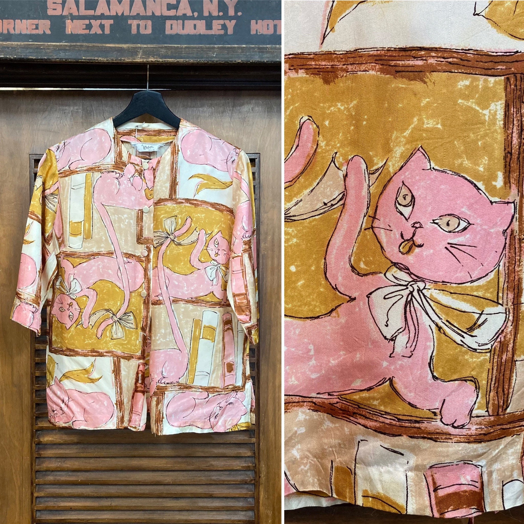Vintage 1960's Cartoon Roze Katten Mod Print Blouse Top Shirt Kleding Dameskleding Tops & T-shirts Blouses Vintage Kleding 60's Button Down 
