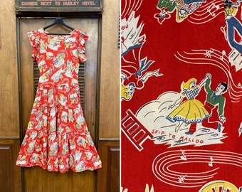 Vintage 1950’s Full Circle Square Dance Cotton Rockabilly Western Cowboy Dress, Vintage Novelty Print, Rockabilly, Music Print, Square Dance