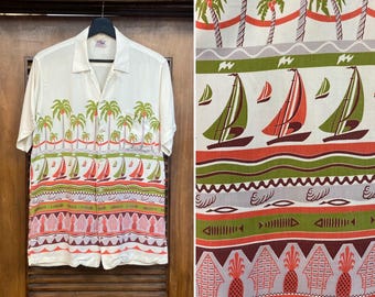 Vintage 1950’s “Duke Kahanamoku” Nautical Tropical Border Rayon Hawaiian Shirt, Loop Collar, Original, 50’s Vintage Clothing