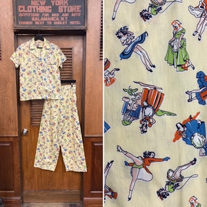 Vintage 1950’s Deadstock Pinup Girl Cotton 3 Piece Shirt Top Lounge Pants Slippers Rockabilly Outfit, Pajama Set, Three Piece, Deadstock,