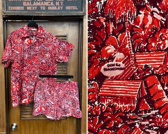 Vintage 1950’s Dated 1957 “Shaheen’s” Atomic Tiki Cotton Cabana Hawaiian Set Outfit, Shirt, Swim Trunks, Cabana Set, Tiki, Hawaiian, 1950s