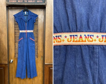 Vintage 1960’s Jeans Pop Art Denim Roller Rink Flare Jumpsuit Outfit, Vintage Denim Jumpsuit, Pop Art, 1960’s, 1970’s, Roller Rink, Disco,