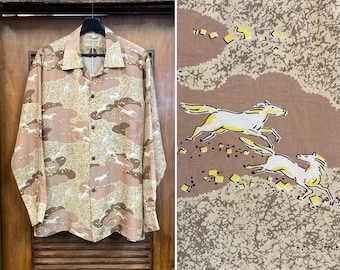 Vintage 1950's “andrade” Atomic Horse Print Silk Long Sleeve