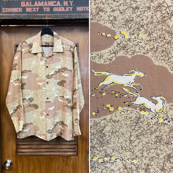 Vintage 1950’s “Andrade” Atomic Horse Print Silk Long Sleeve Hawaiian Shirt, Matching Pocket, Size L, 50’s Vintage Clothing