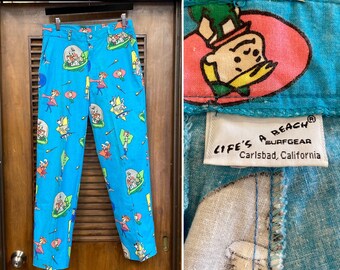 Vintage 1980’s w30 “Life’s A Beach” Jetsons Cartoon Skate Surf New Wave Pop Art Pants Trousers, 80’s Vintage Clothing