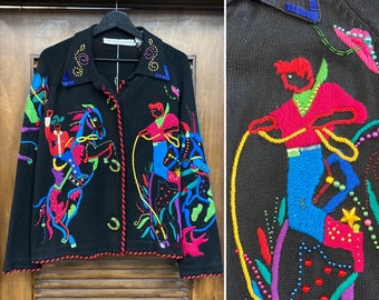 Vintage 1990’s Dated 1991 Cowboy Rodeo Western Embroidery Cartoon Sweater, 90’s Cardigan, Vintage Clothing