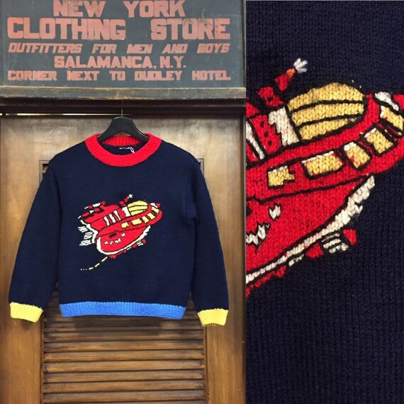 Vintage 1960’s Hand Knit Spaceship Multicolor Swea