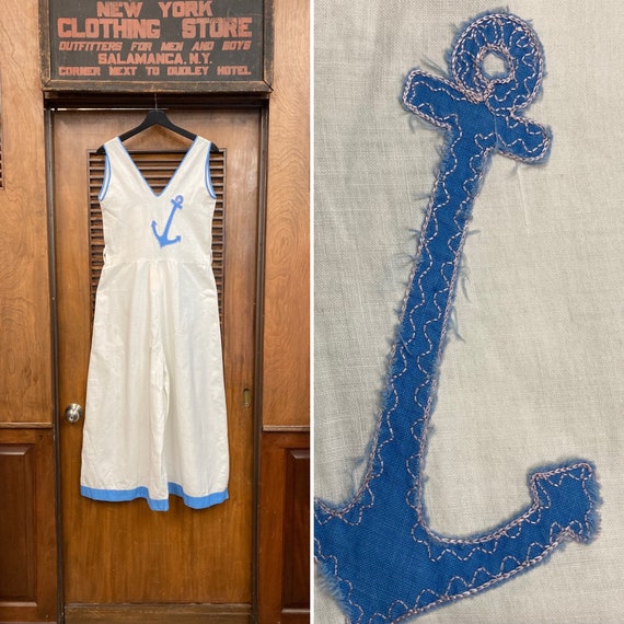 Vintage 1920s Nautical Themed Cotton Beach Pajamas Playsuit Outfit 1920s Beach Pajamas Vintage Playsuit Palazzo Pant Anchor Applique Etsy UK
