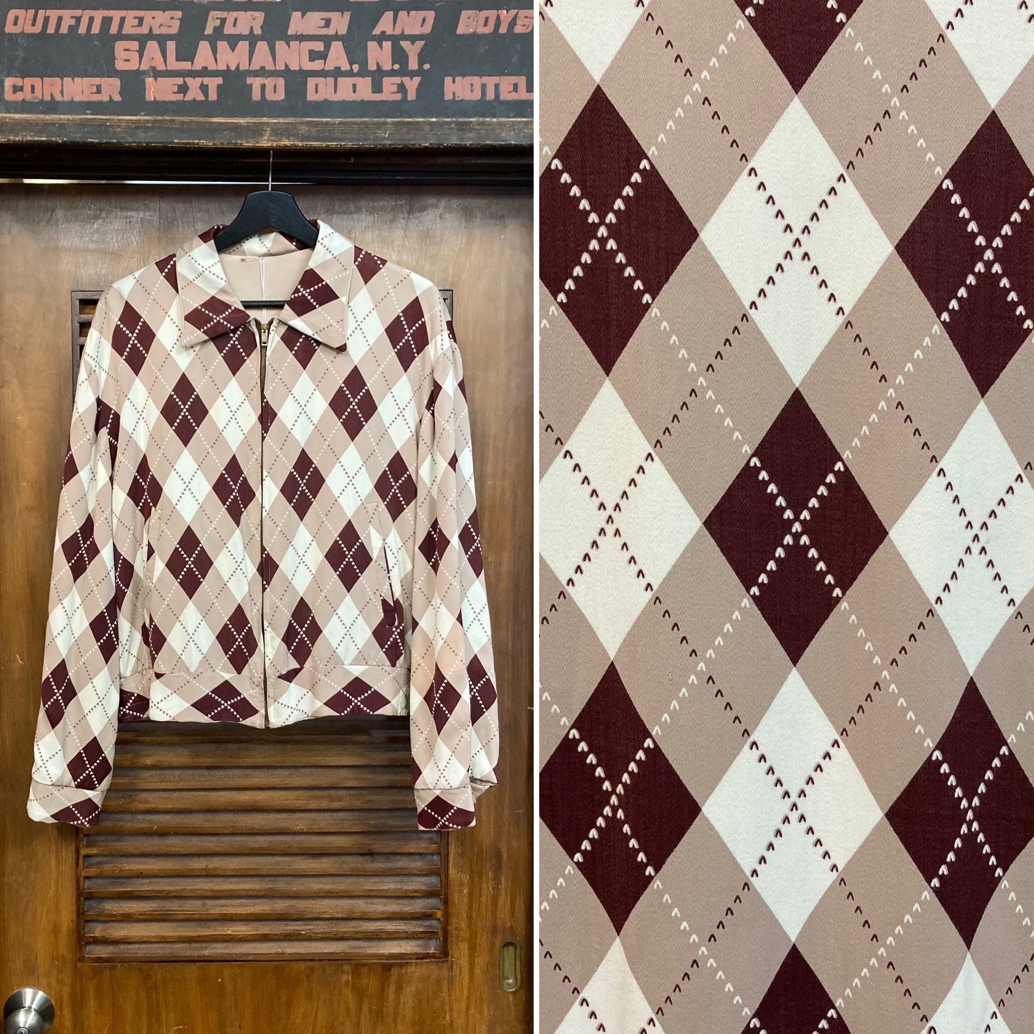ジャケット・アウター 50s rayon gabardine jacket argyle 1950s SIR JAC RAYON GABARDINE ROCKABILLY ZIP UP JACKET