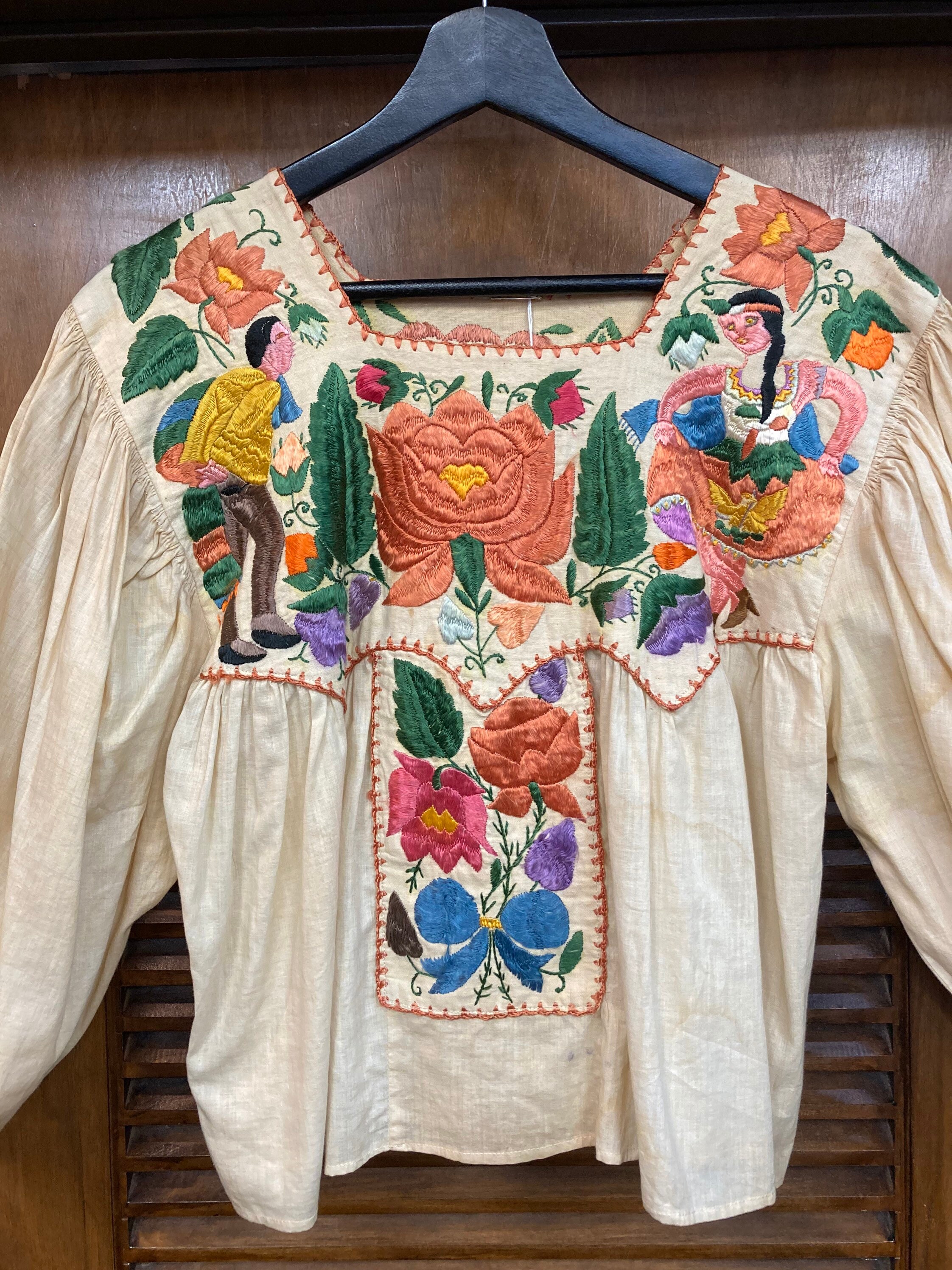 Vintage 1920's Amazing Cotton Embroidery Peasant Boho Blouse