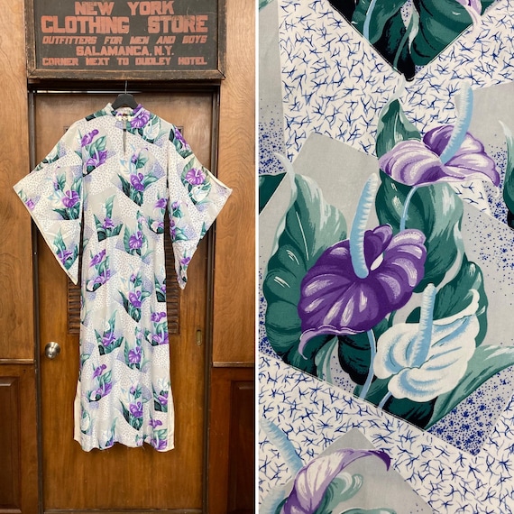 Vintage 1940’s Atomic Floral Crepe Tiki Pake Muu … - image 1