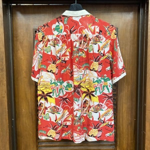 Vintage 1940s Tropical Native Cartoon Tiki Rayon Cabana Hawaiian Shirt, 40s Loop Collar, Vintage Clothing image 4