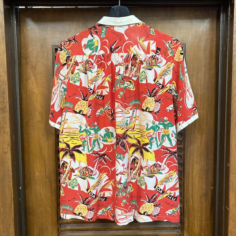 Vintage 1940s Tropical Native Cartoon Tiki Rayon Cabana Hawaiian Shirt, 40s Loop Collar, Vintage Clothing image 4