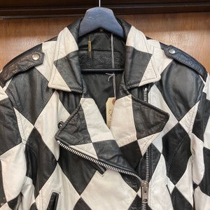 Vintage 1980s Black x White Harlequin New Wave Motorcycle Leather Jacket, 80s Biker, 80s Vintage Clothing image 6