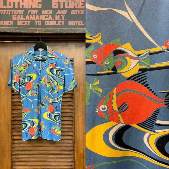 Vintage 1940's Women's Sky Blue Fish Pattern Rayon