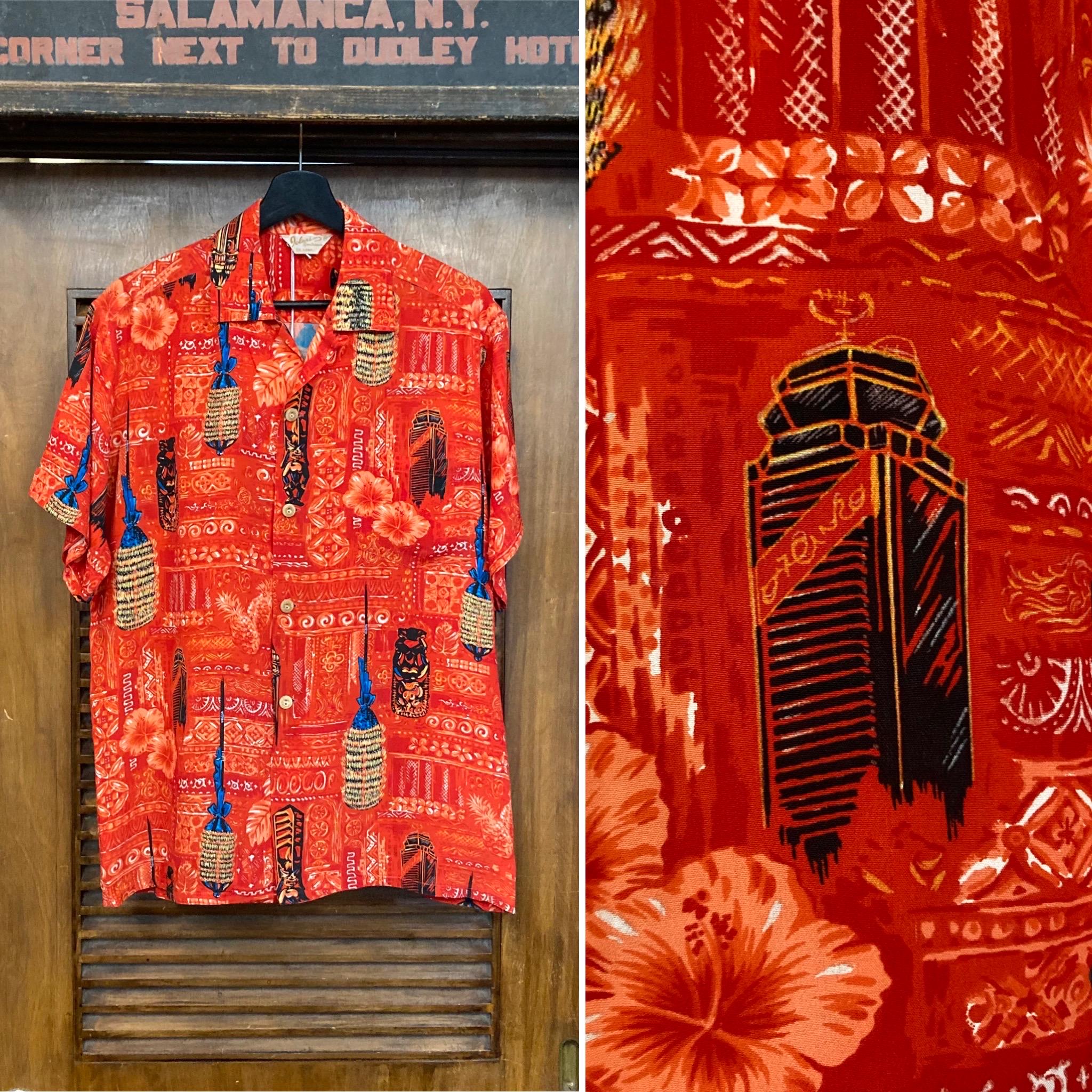 Camisa hawaiana vintage "Iolani" Atomic Tiki de crepé con cuello de lazo, estilo torre Aloha, de los años 50, con bolsillo a juego.