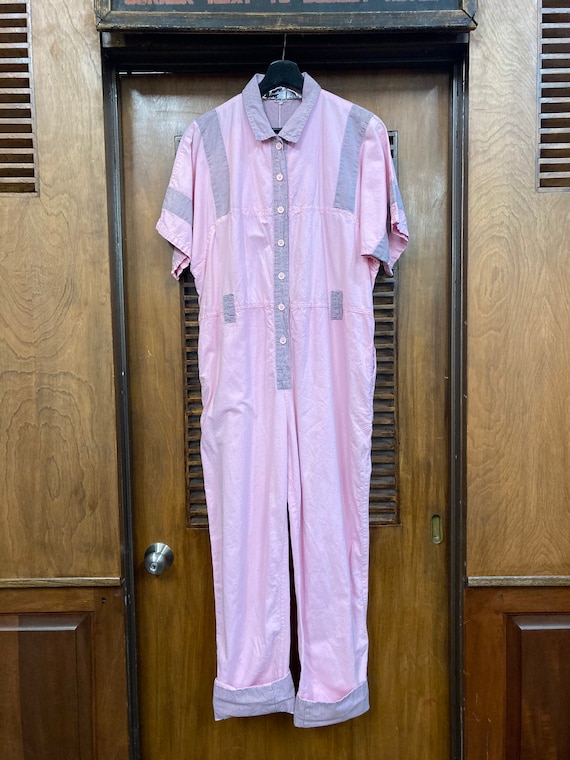 Vintage 1980s Pale Pink & Grey Striped Jumpsuit, … - image 2