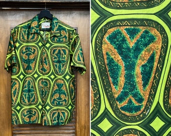 Vintage 1960’s Size L Tiki Mod Pop Art Cotton Tropical Hawaiian Shirt, 60’s Vintage Clothing