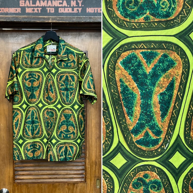 Vintage 1960s Size L Tiki Mod Pop Art Cotton Tropical Hawaiian Shirt, 60s Vintage Clothing image 1