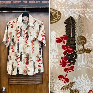 Vintage 1950’s Size L “Kamehameha” Tiki Tropical Cotton Hawaiian Shirt, 50’s Loop Collar, Vintage Clothing