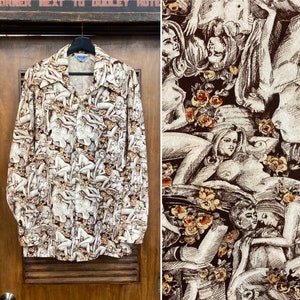 Vintage 1970’s Cartoon Naked People Orgy Pop Art Cotton Mod Shirt, 70’s
