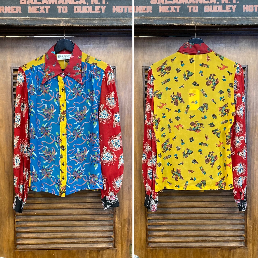 Vintage 1970s Ossie Style Sheer Color Block Mod Glam Blouse Top, 70s