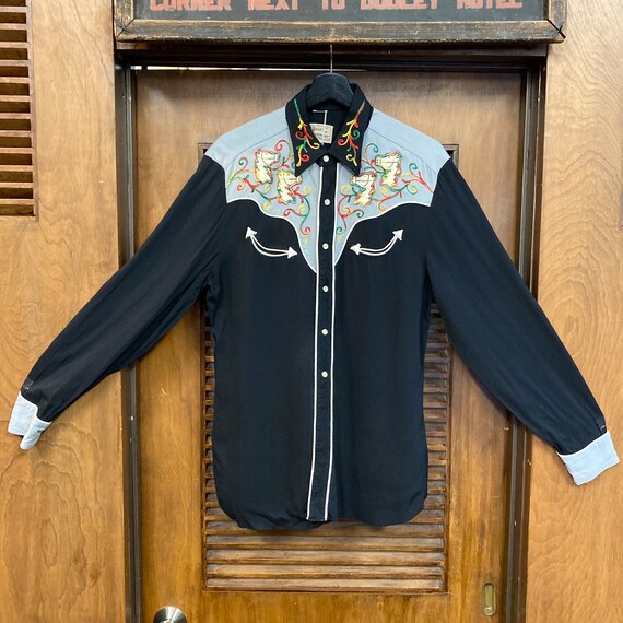 50s H bar C western gabadine shirt 刺繍　S 50s H bar C western gabadine shirt 刺繍 S