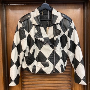 Vintage 1980s Black x White Harlequin New Wave Motorcycle Leather Jacket, 80s Biker, 80s Vintage Clothing image 3