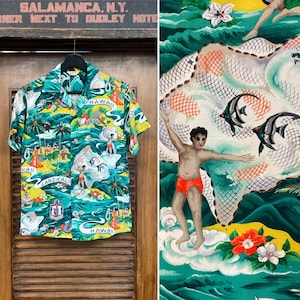 Vintage 1950’s “Hale Land of Aloha” Tiki Crepe Youth Hawaiian Shirt, 1950’s Shirt, Original
