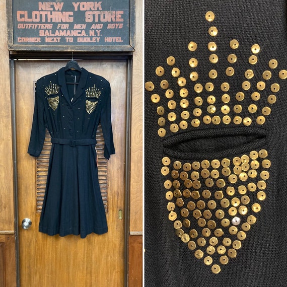 Vintage 1930's Jet Black Studded Nailhead Art Deco Vamp Dress, 1930s Studded Dress, Swing Dress, Vampy, Art Deco, Noir, Deadstock, Gold Stud