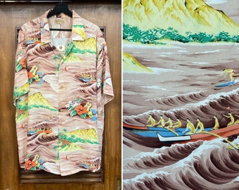 トップス 50s Reef rayon Hawaiian shirt 1950s Men's Rayon Hawaiian Surf Shirt with loop Collar