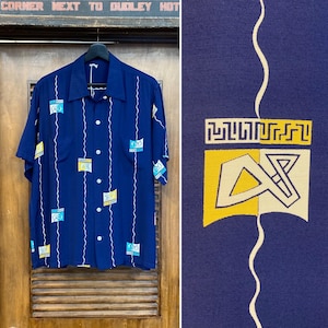Vintage 1950’s Original “Duke Kahanamoku” Atomic Deco Rayon Hawaiian Shirt, Loop Collar, 1950’s Shirt, Vertical Print