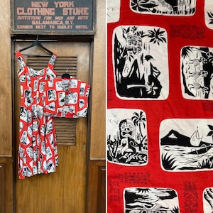 Vintage 1950s Tiki Tropical Atomic Cotton Hawaiian Two Piece Rockabilly Dress, Bolero, Tiki Dress, Cotton, Vintage Hawaiian Dress, Dress Set