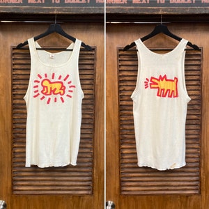 Vintage 1980s Original Keith Haring NYC Ribbed Cotton Tank Top T-Shirt, Two-Sided Print, 80s Vintage Clothing image 1