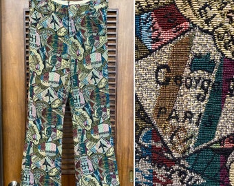 Vintage 1960’s Needlepoint Travel Logo Pop Art Design Flare Pants Trousers, w32, 60’s Mod Pants, Vintage Clothing