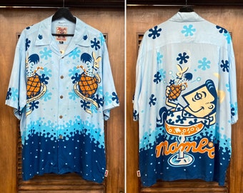 Vintage 1990’s Size XL “Mambo” Label Tiki Cartoon Rayon Hawaiian Shirt, 90’s Loop Collar, Vintage Clothing