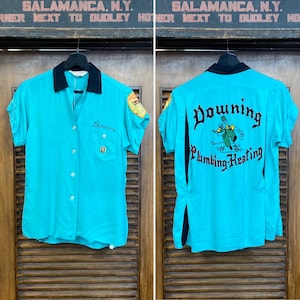 Vintage 1950’s “Nat Nast” Rayon Plumber Cartoon Bowling Rockabilly Ladies Shirt Top, Embroidered, 50’s Vintage Clothing
