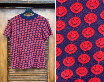 Vintage 1960’s Pop Art Smiley Face Original Mod All Over Print Woven T-Shirt, 60’s Tee Shirt, Vintage Clothing