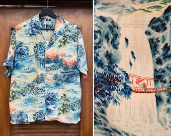 Camicia hawaiana vintage anni '50 "Penney's" con colletto a occhiello e stampa di un'isola tropicale, in rayon.