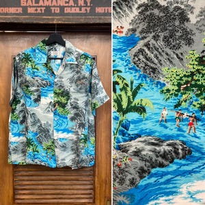 Vintage 1950’s “Penney’s” Tropical Scene Island Rayon Loop Collar Hawaiian Shirt, 1950’s Shirt
