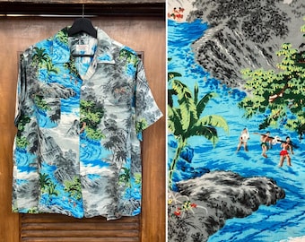 Vintage 1950’s “Penney’s” Tropical Scene Island Rayon Loop Collar Hawaiian Shirt, 1950’s Shirt