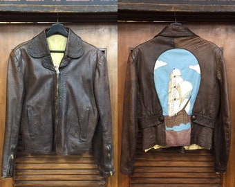 Vintage 1960’s “Gandalf” Brand Pirate Ship Appliqué Leather Jacket, Vintage Top, 60’s Era Style, Nautical, Vintage Clothing