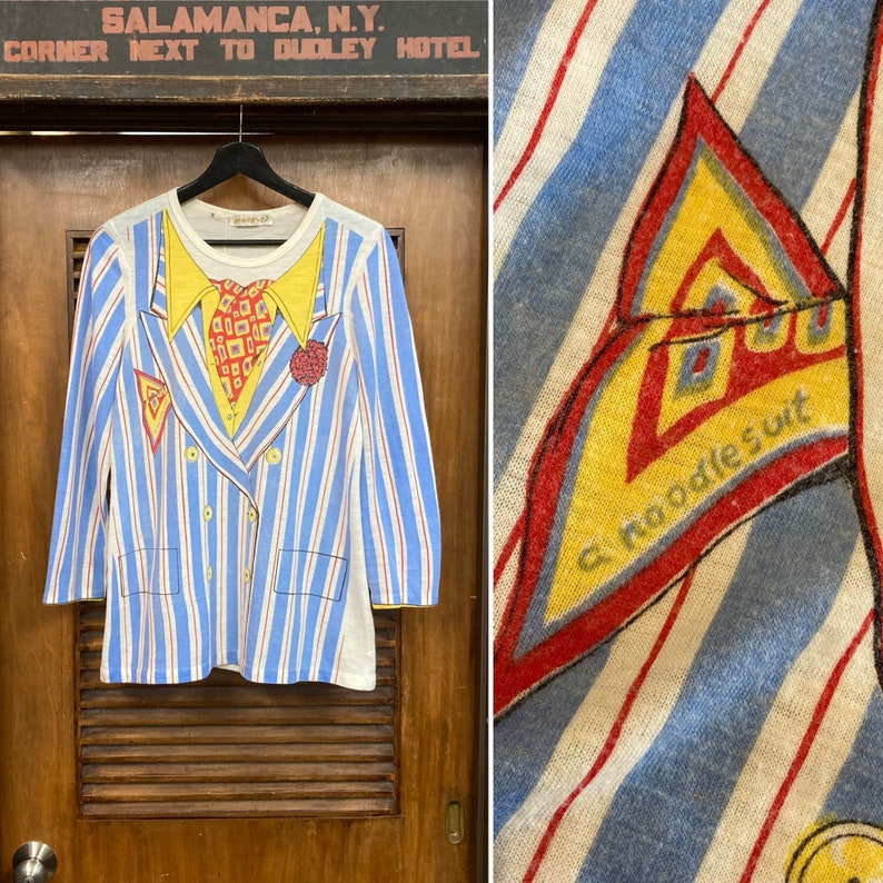 Vintage 1960s Clown Blazer Trompe LOeil Mod Glam Printed Long Sleeve T-Shirt, 60s Tee Shirt, Vintage Clothing image 1