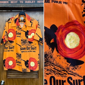 Vintage 1960’s Size XL Surfing Surf Pop Art Barkcloth Tiki Hawaiian Shirt, 60’s Camp Collar, Vintage Clothing