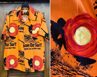 Vintage 1960’s Size XL Surfing Surf Pop Art Barkcloth Tiki Hawaiian Shirt, 60’s Camp Collar, Vintage Clothing