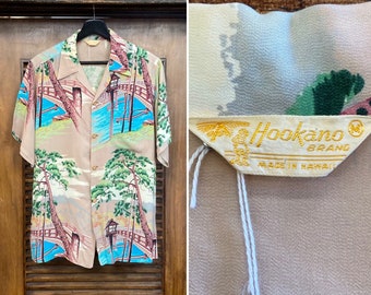 Vintage 1950’s “Hookano” Asian Japan Design Crepe Hawaiian Shirt, 50’s Camp Collar, Vintage Clothing